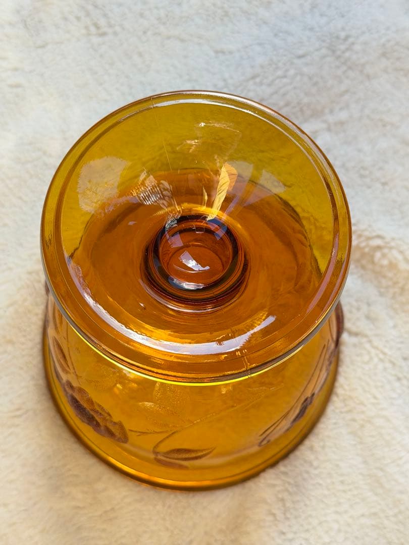 昭和レトロ　ガラスキャニスター　キャンディポット　アンバー　ローズ柄　希少