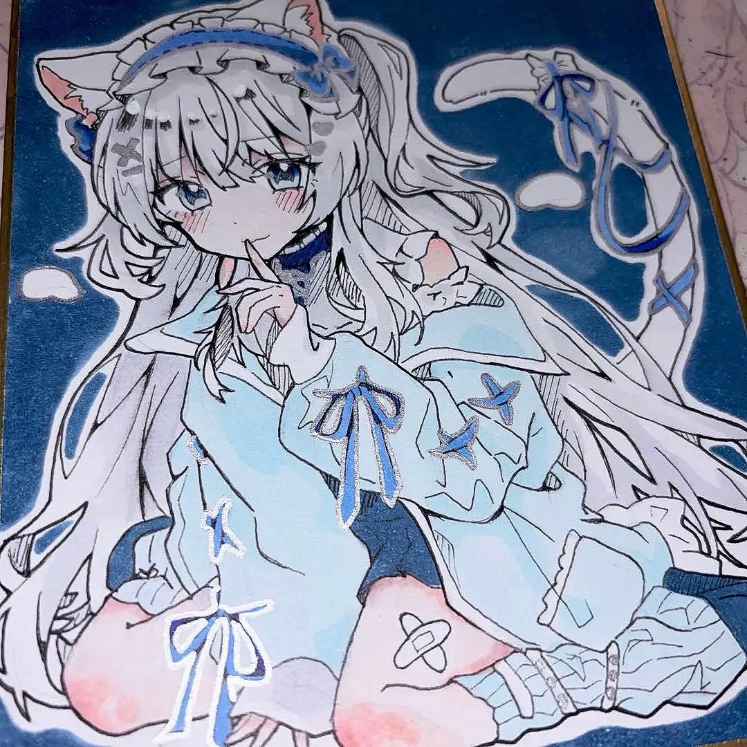 手描き イラスト オリジナル アナログ 色紙 ハーフツイン 女の子