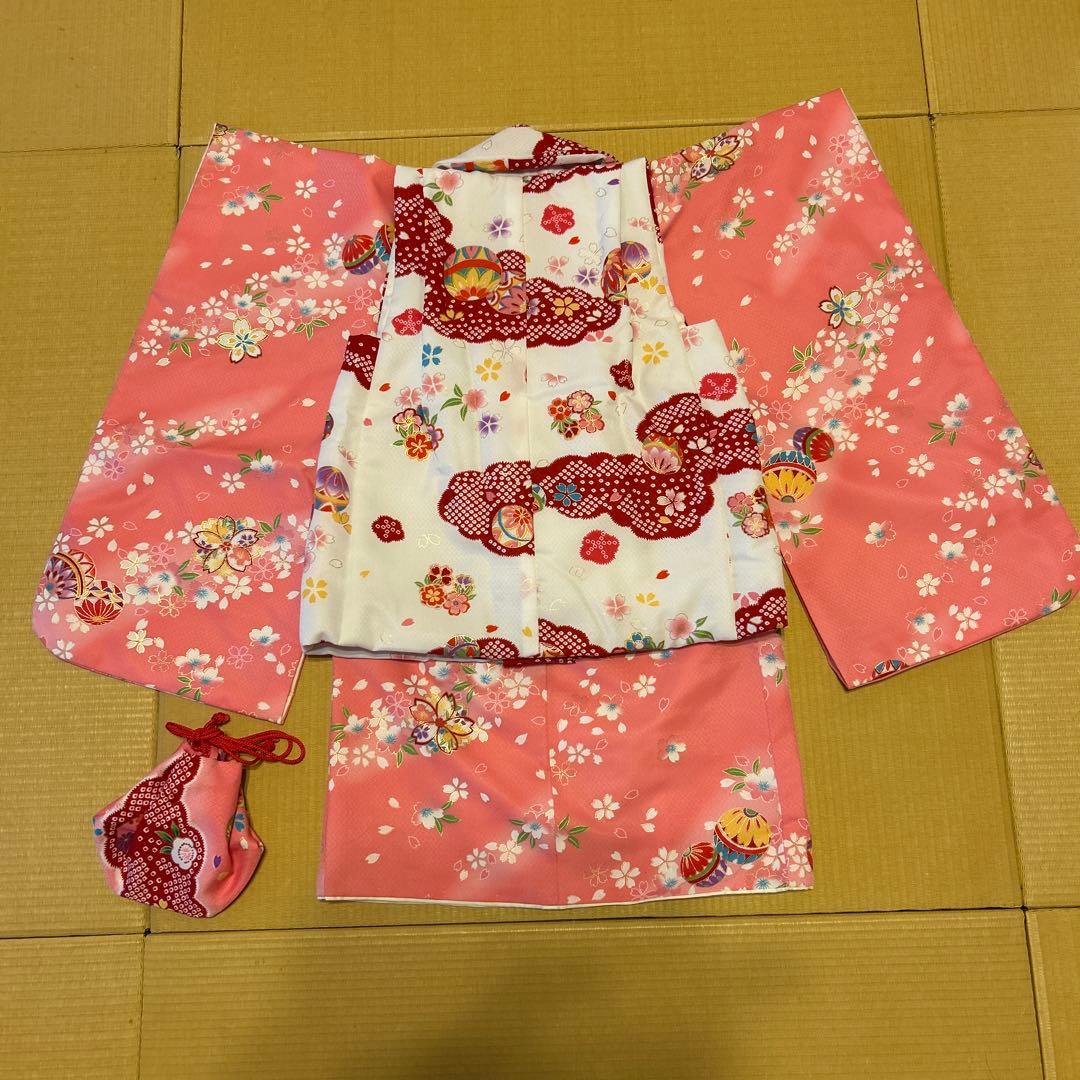 七五三 着物と被布（鞠と桜）三歳用セット