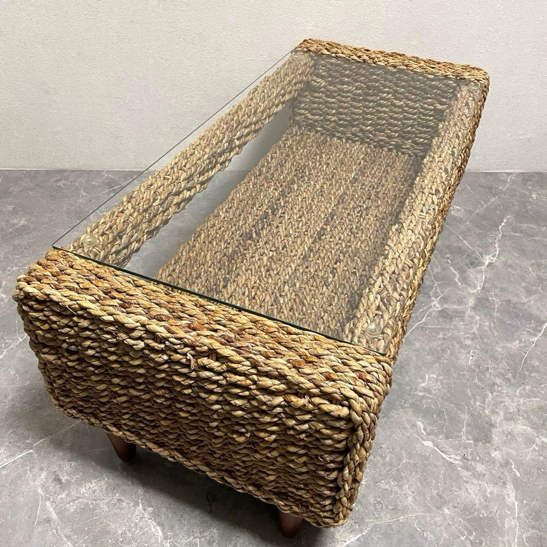 アジアン家具 アバカセンターテーブル 強化ガラス天板 収納棚付き 南国　バリ風