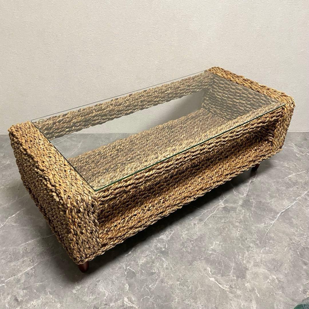 アジアン家具 アバカセンターテーブル 強化ガラス天板 収納棚付き 南国　バリ風