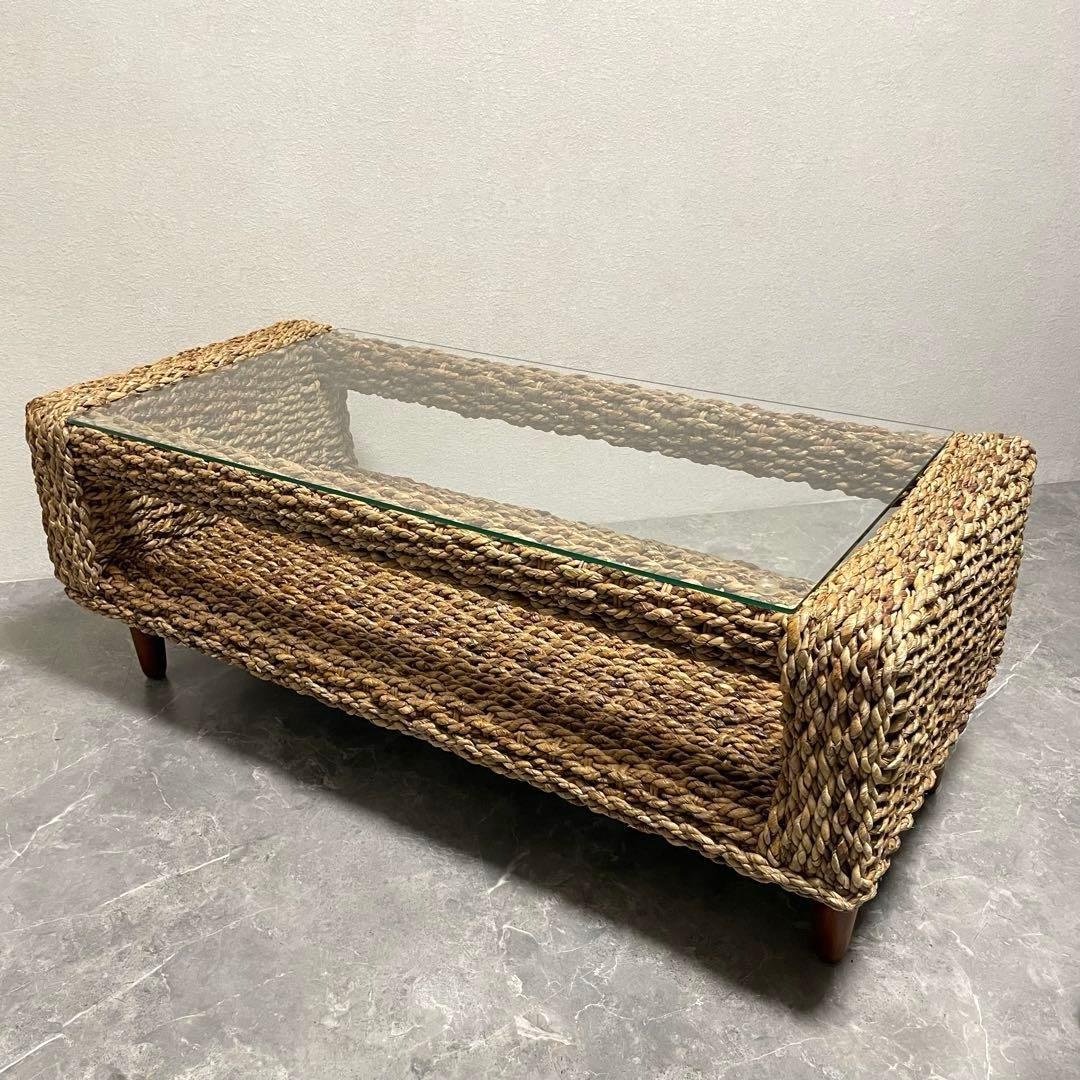 アジアン家具 アバカセンターテーブル 強化ガラス天板 収納棚付き 南国　バリ風