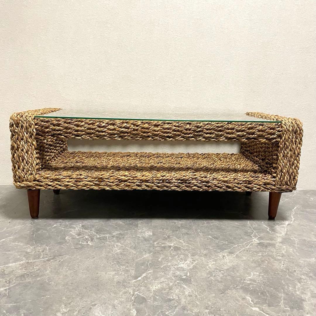 アジアン家具 アバカセンターテーブル 強化ガラス天板 収納棚付き 南国　バリ風