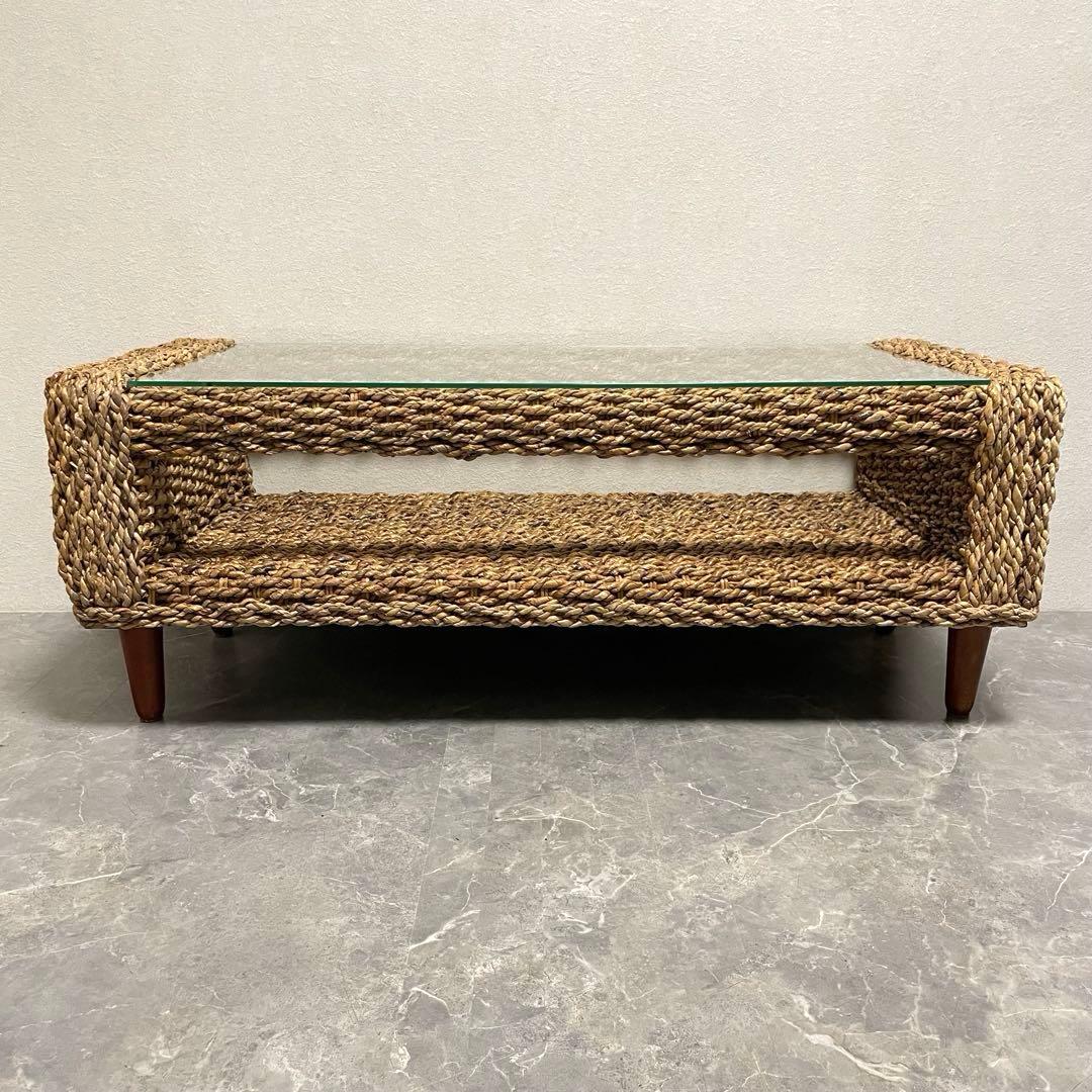 アジアン家具 アバカセンターテーブル 強化ガラス天板 収納棚付き 南国　バリ風