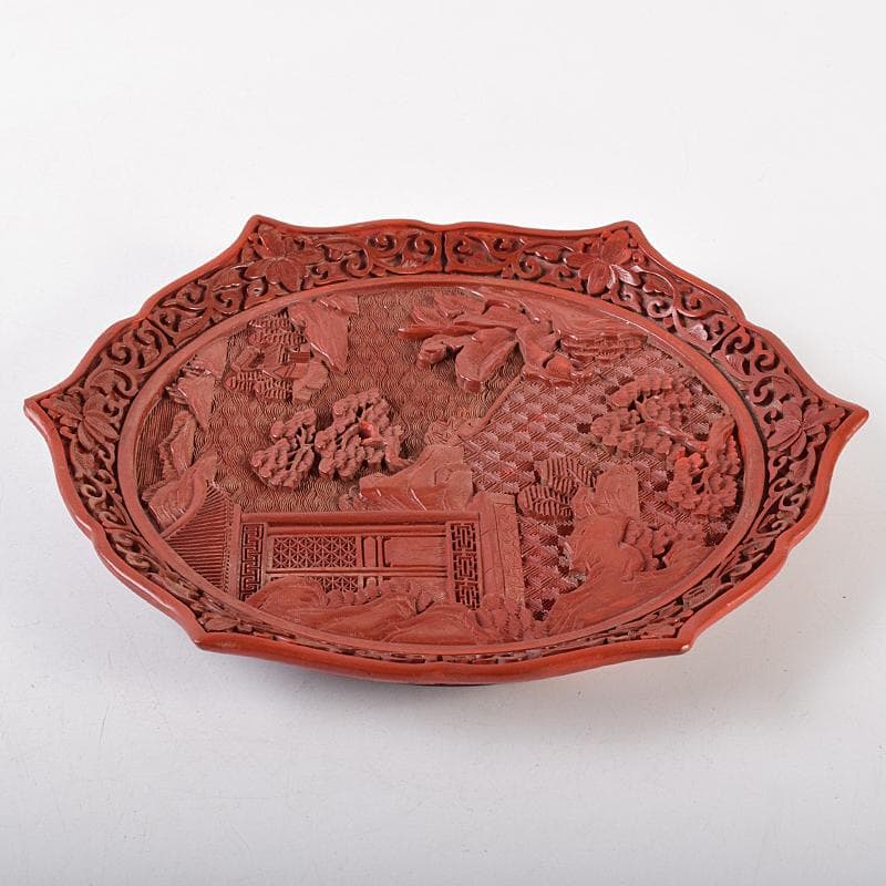 中国　堆朱　山水楼閣彫　針木盆　輪花盆　時代箱付　F　R8632