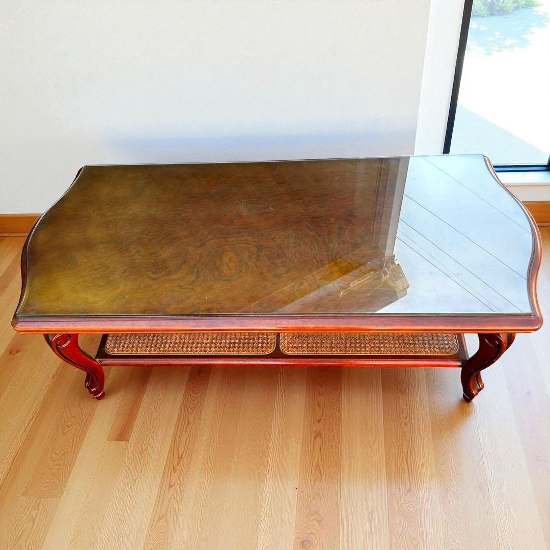 稀少✨送料無料❣️karimoku 猫脚 ガラステーブル ローテーブル ラタン棚付