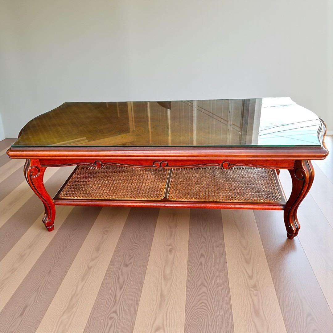 稀少✨送料無料❣️karimoku 猫脚 ガラステーブル ローテーブル ラタン棚付