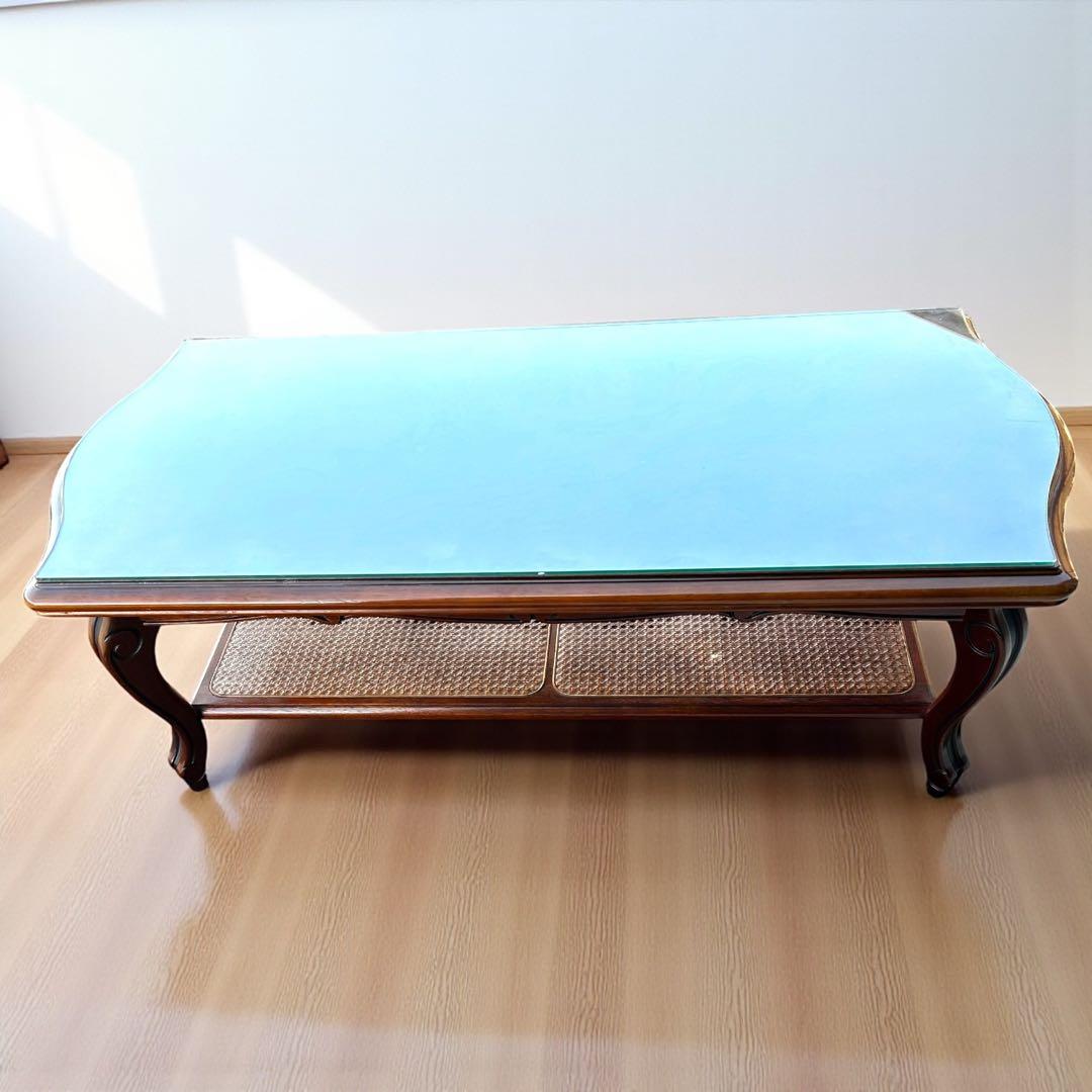 稀少✨送料無料❣️karimoku 猫脚 ガラステーブル ローテーブル ラタン棚付