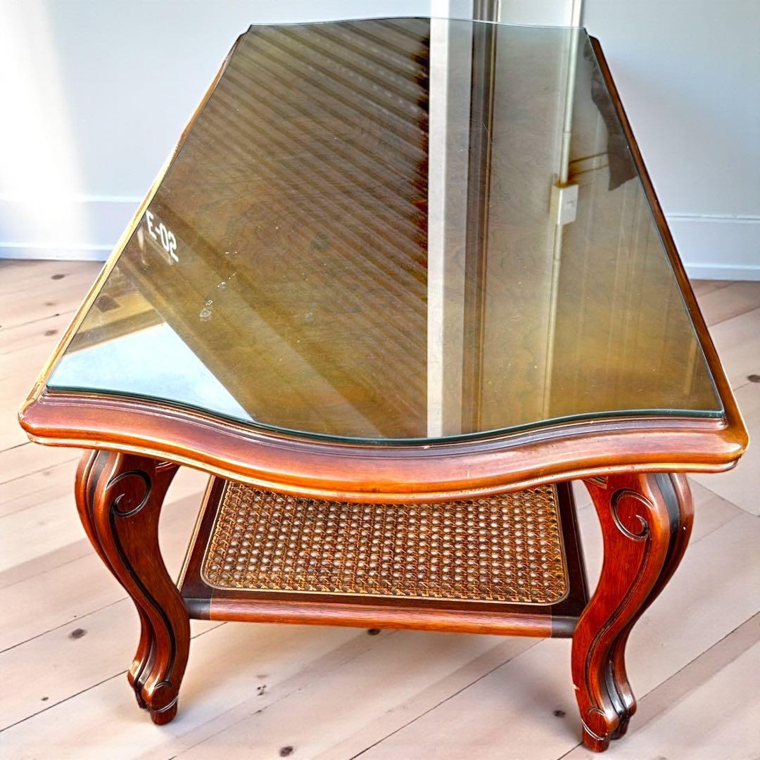 稀少✨送料無料❣️karimoku 猫脚 ガラステーブル ローテーブル ラタン棚付