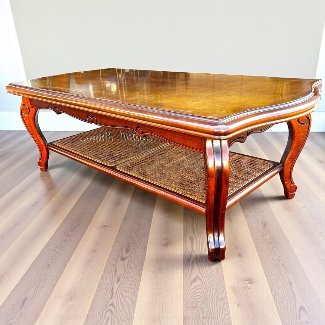 稀少✨送料無料❣️karimoku 猫脚 ガラステーブル ローテーブル ラタン棚付