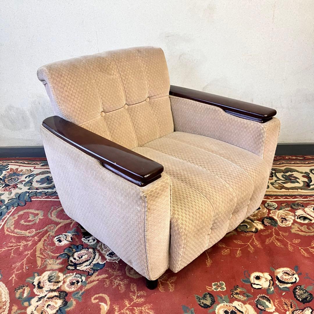 ① 昭和レトロ 馬場家具 木製フレーム アームチェア 1人掛けベロアソファー