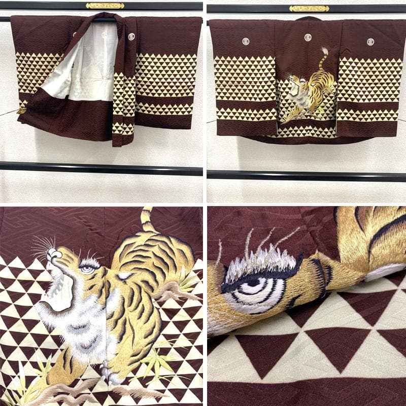 505ab14■七五三 五歳 男児 着物&羽織&袴&角帯 刺繍 虎■状態良好