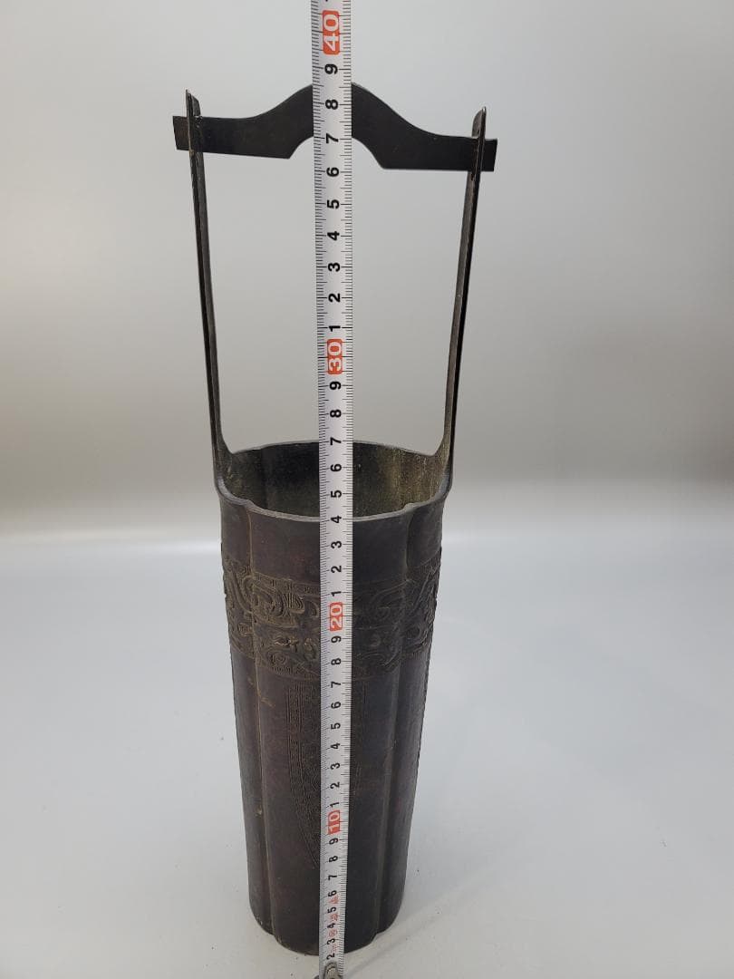 古銅 饕餮紋 手付 桶形 花器 晴眠 骨董品