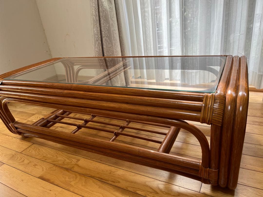 籐　ラタン　センターテーブル（ガラス天板）