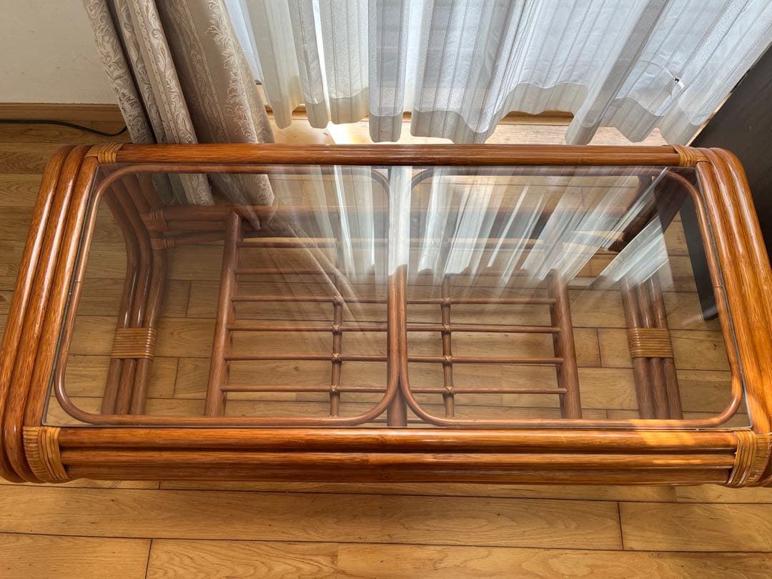 籐　ラタン　センターテーブル（ガラス天板）