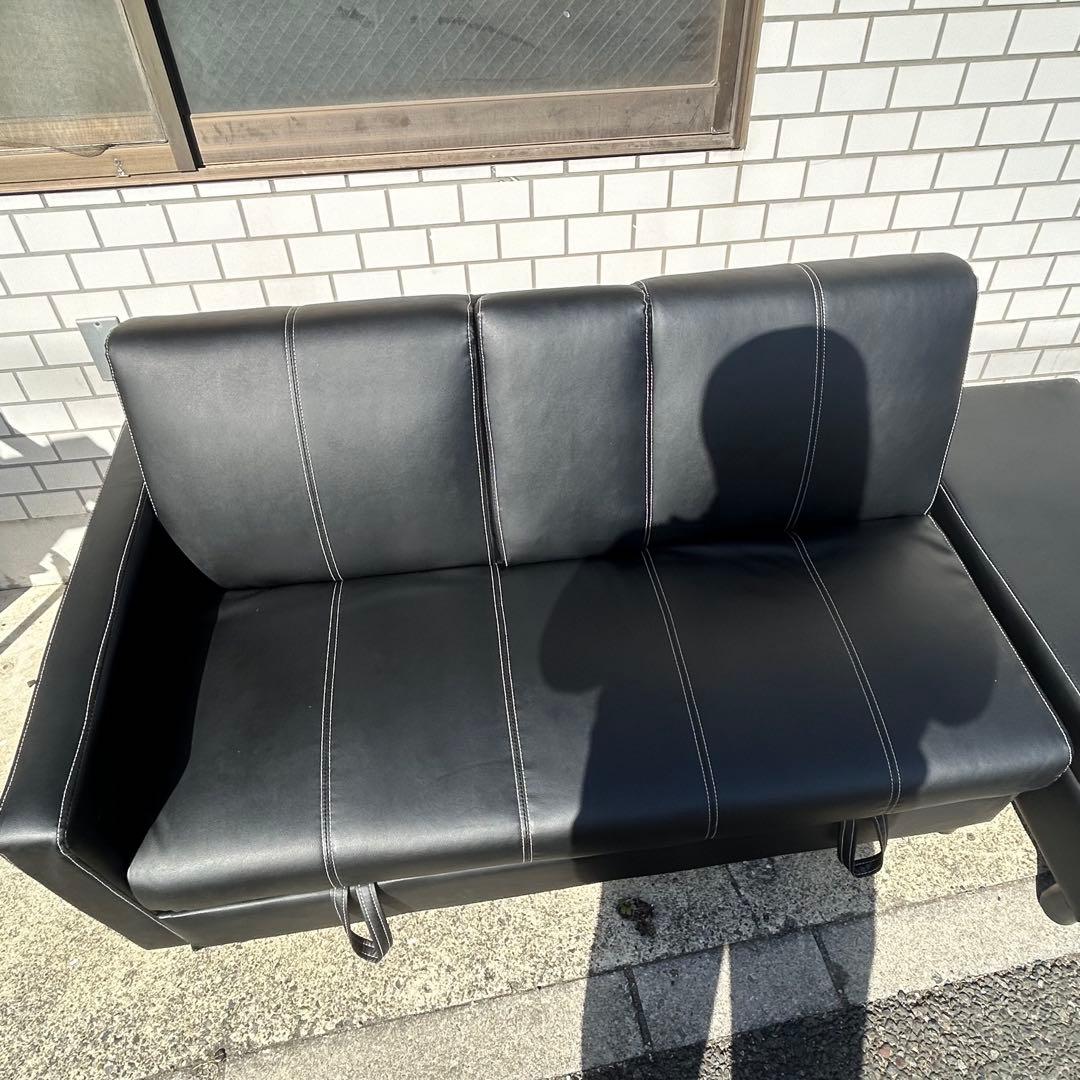 引き取り限定川口市 多機能ソファ　ソファベッド ドリンクホルダー　オットマン 黒