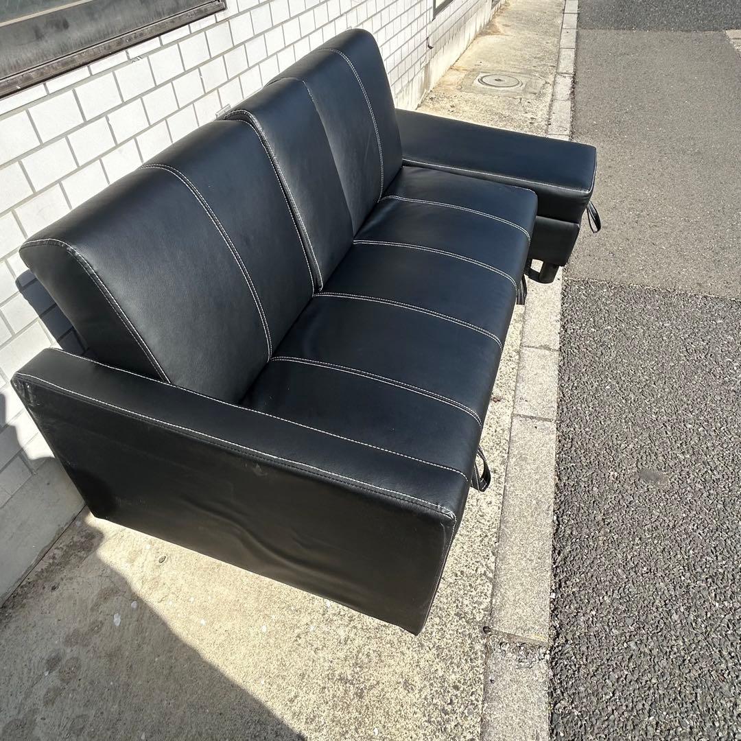 引き取り限定川口市 多機能ソファ　ソファベッド ドリンクホルダー　オットマン 黒