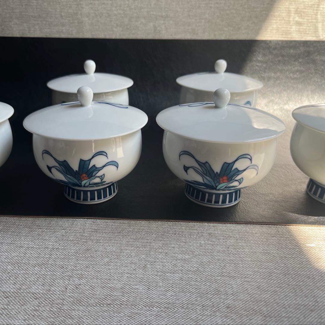 伊万里焼　畑萬陶苑　万年青　おもと　オモト　茶器揃　急須1点　蓋付き湯呑　6点