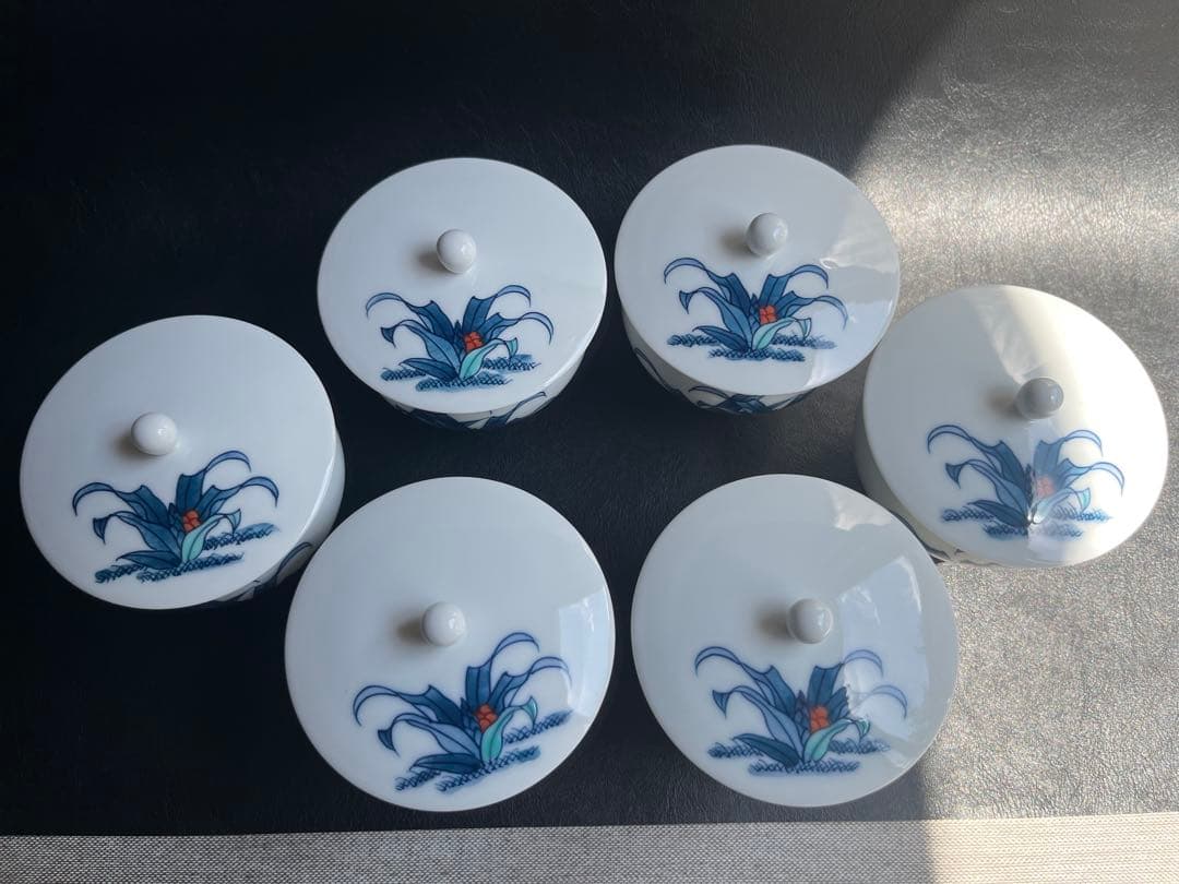 伊万里焼　畑萬陶苑　万年青　おもと　オモト　茶器揃　急須1点　蓋付き湯呑　6点