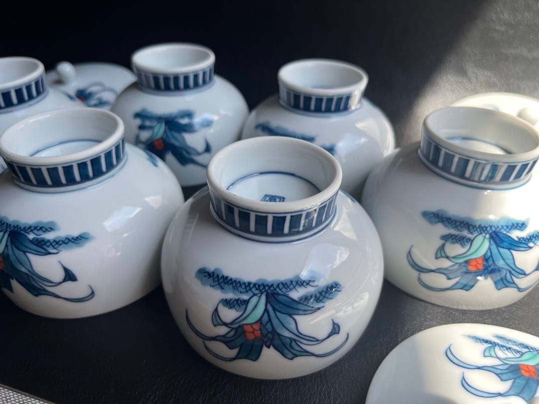 伊万里焼　畑萬陶苑　万年青　おもと　オモト　茶器揃　急須1点　蓋付き湯呑　6点