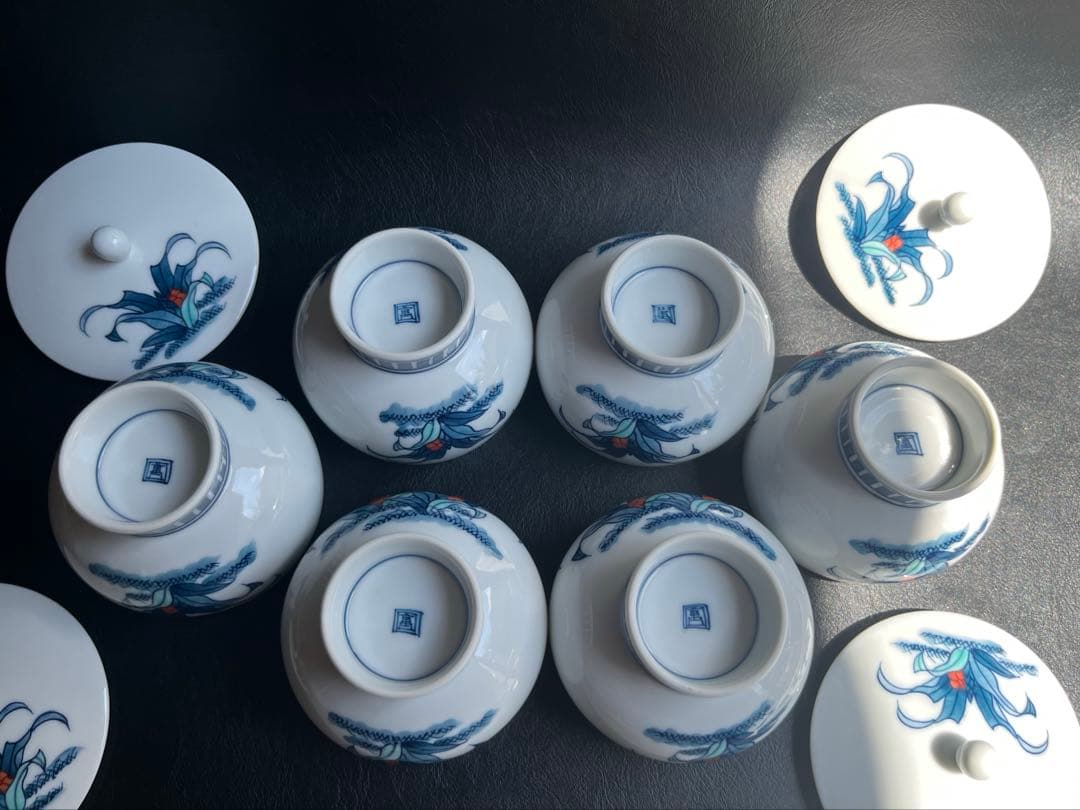 伊万里焼　畑萬陶苑　万年青　おもと　オモト　茶器揃　急須1点　蓋付き湯呑　6点