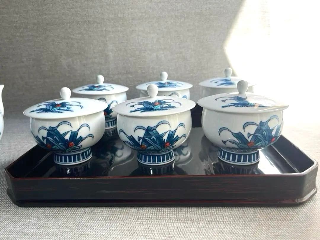 伊万里焼　畑萬陶苑　万年青　おもと　オモト　茶器揃　急須1点　蓋付き湯呑　6点