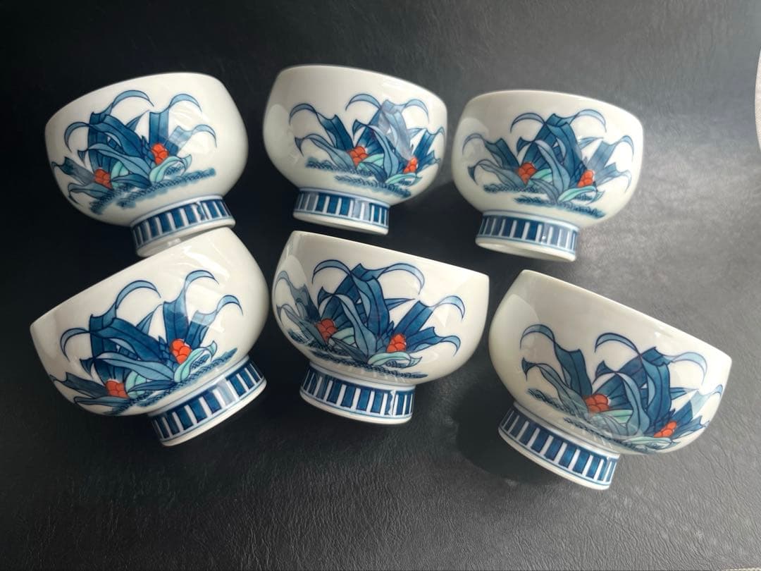 伊万里焼　畑萬陶苑　万年青　おもと　オモト　茶器揃　急須1点　蓋付き湯呑　6点