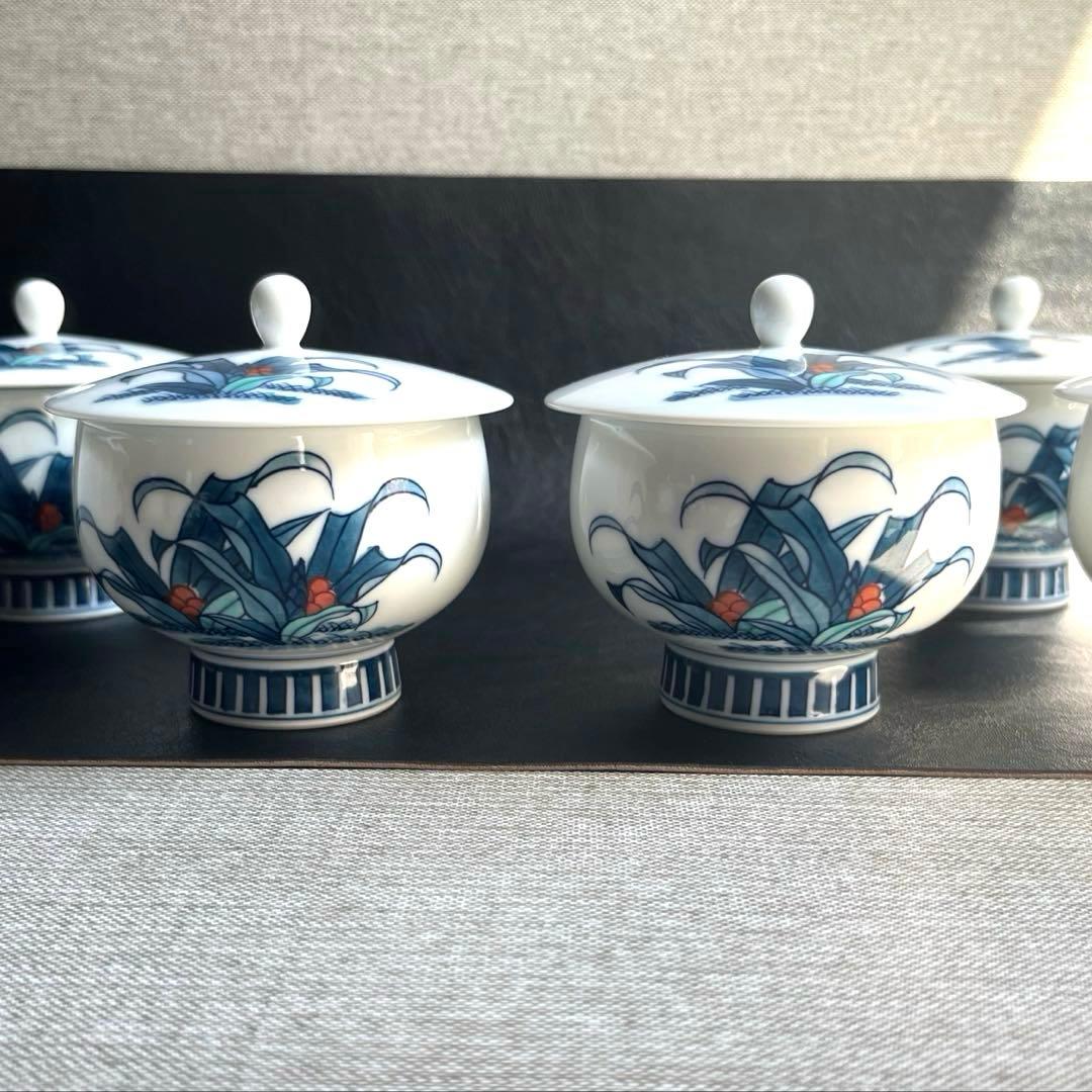 伊万里焼　畑萬陶苑　万年青　おもと　オモト　茶器揃　急須1点　蓋付き湯呑　6点