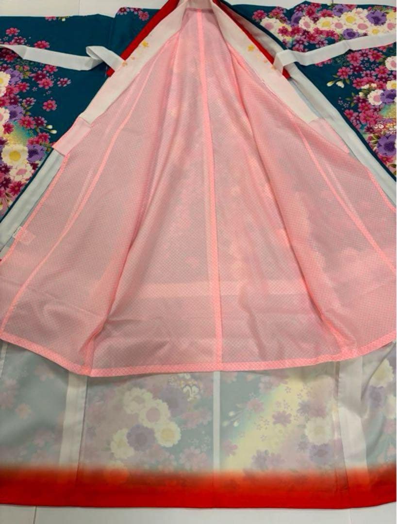 七五三　7歳女の子着物　新品　2点セット　秋桜　鮮やかブルーグリーン　鈴　八重桜