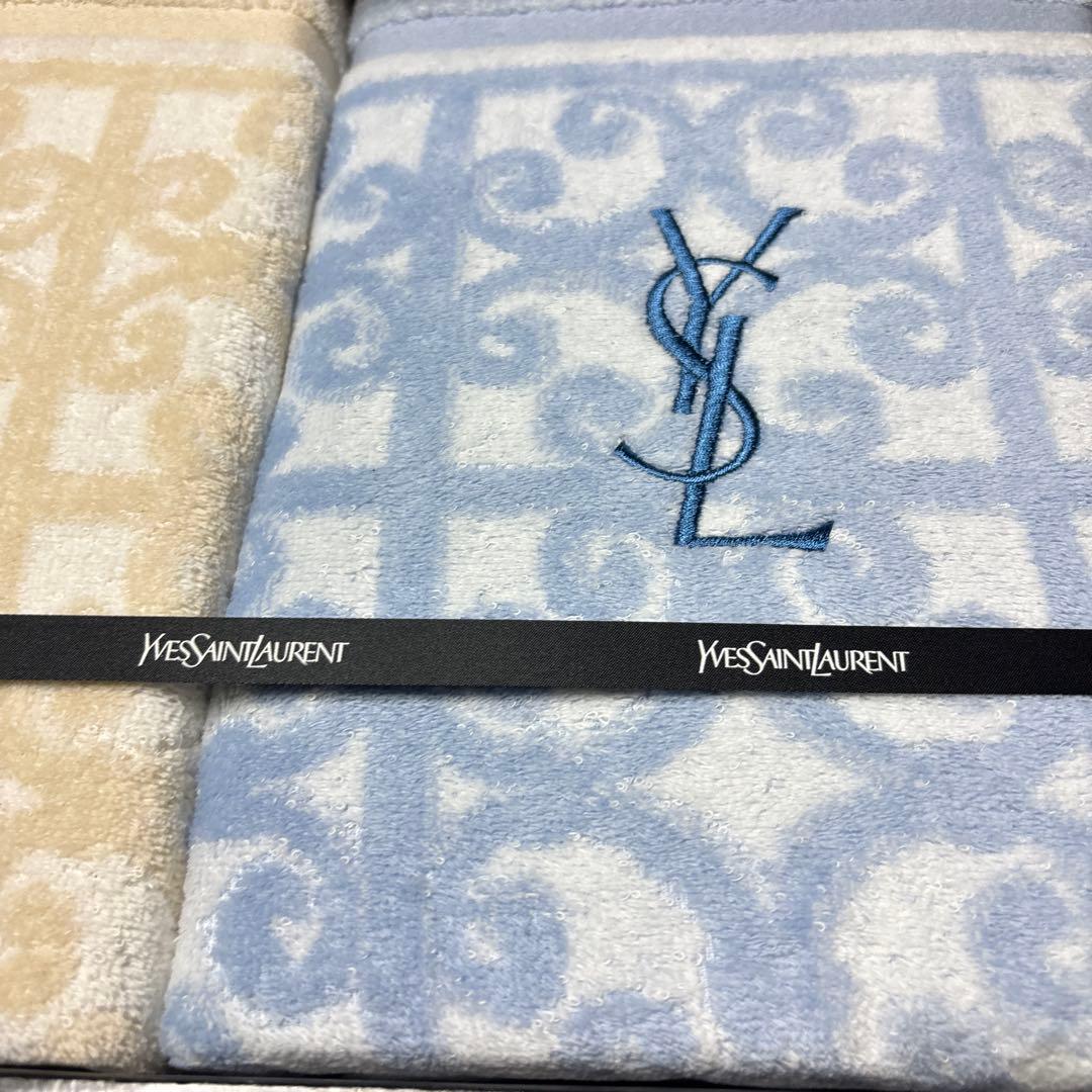 イヴサンローラン タオルケット 2枚セット ペア ベージュ ブルー 総柄 日本製