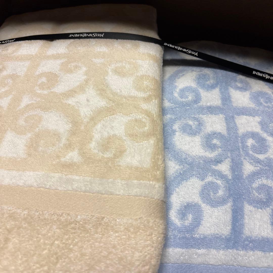 イヴサンローラン タオルケット 2枚セット ペア ベージュ ブルー 総柄 日本製