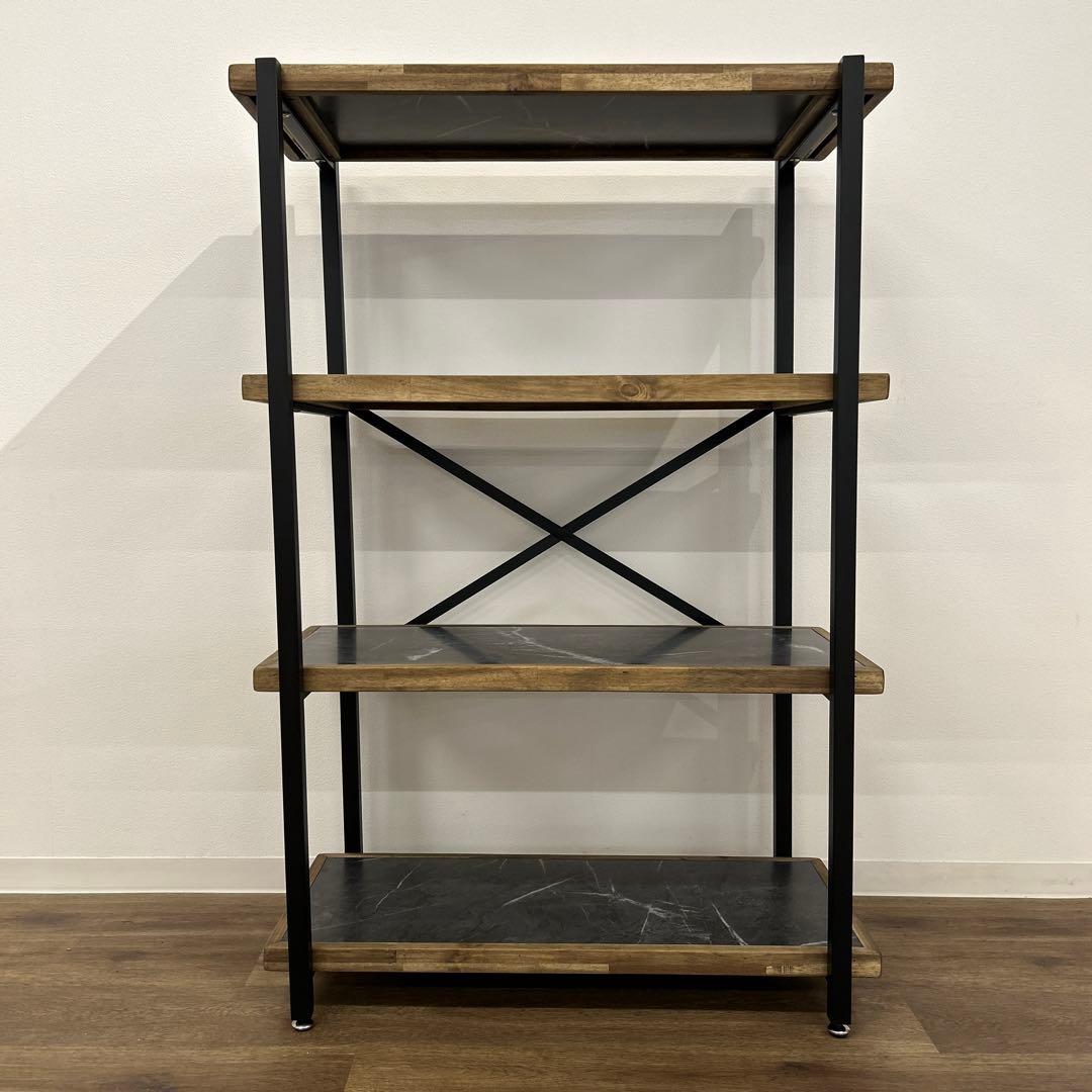 ラック4段 シェルフ 石目調 収納棚 本棚 間仕切り アイアン ビンテージ風