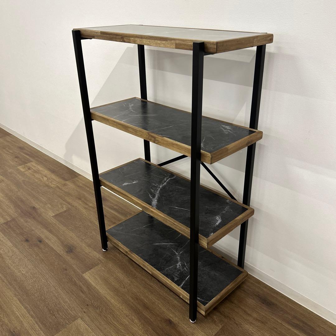 ラック4段 シェルフ 石目調 収納棚 本棚 間仕切り アイアン ビンテージ風