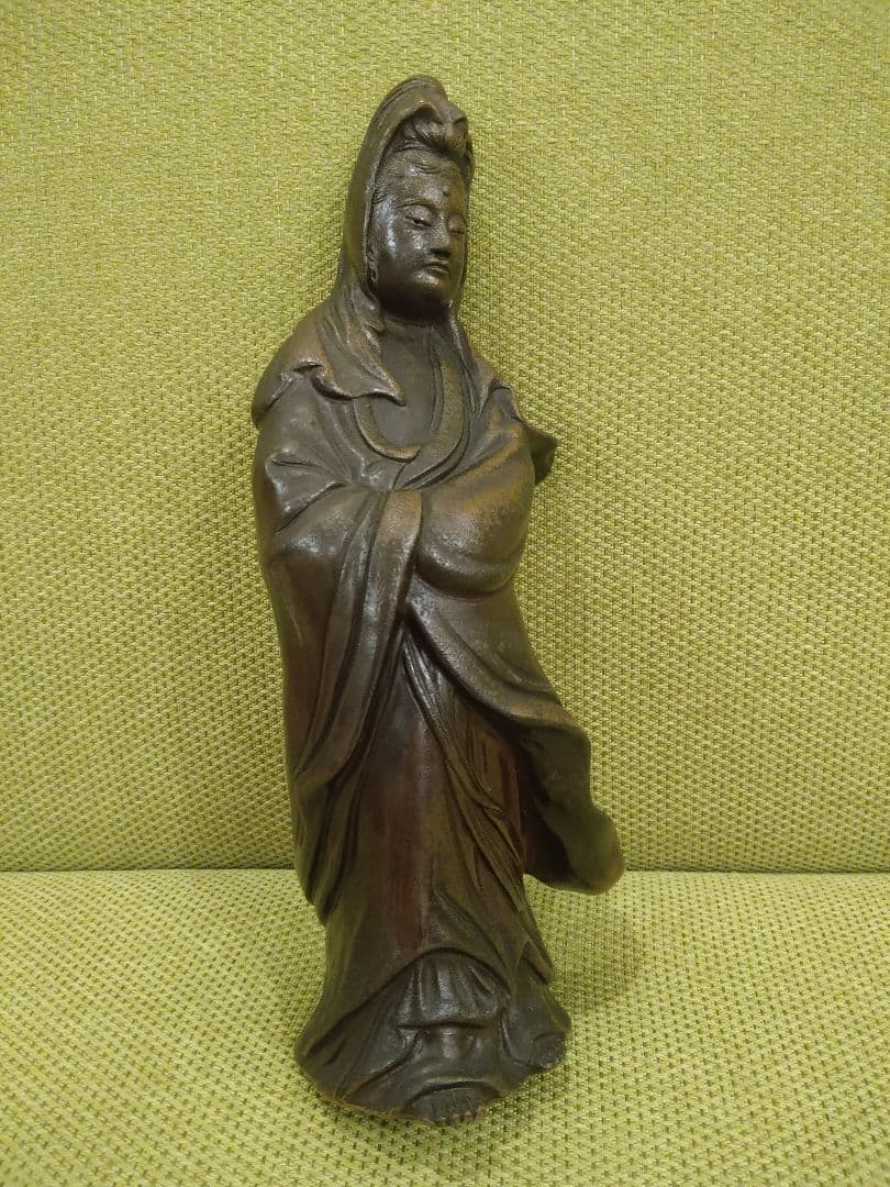 備前焼の 観音像 立像A15、№005、古い備前焼の観音様、希少品、アンティーク
