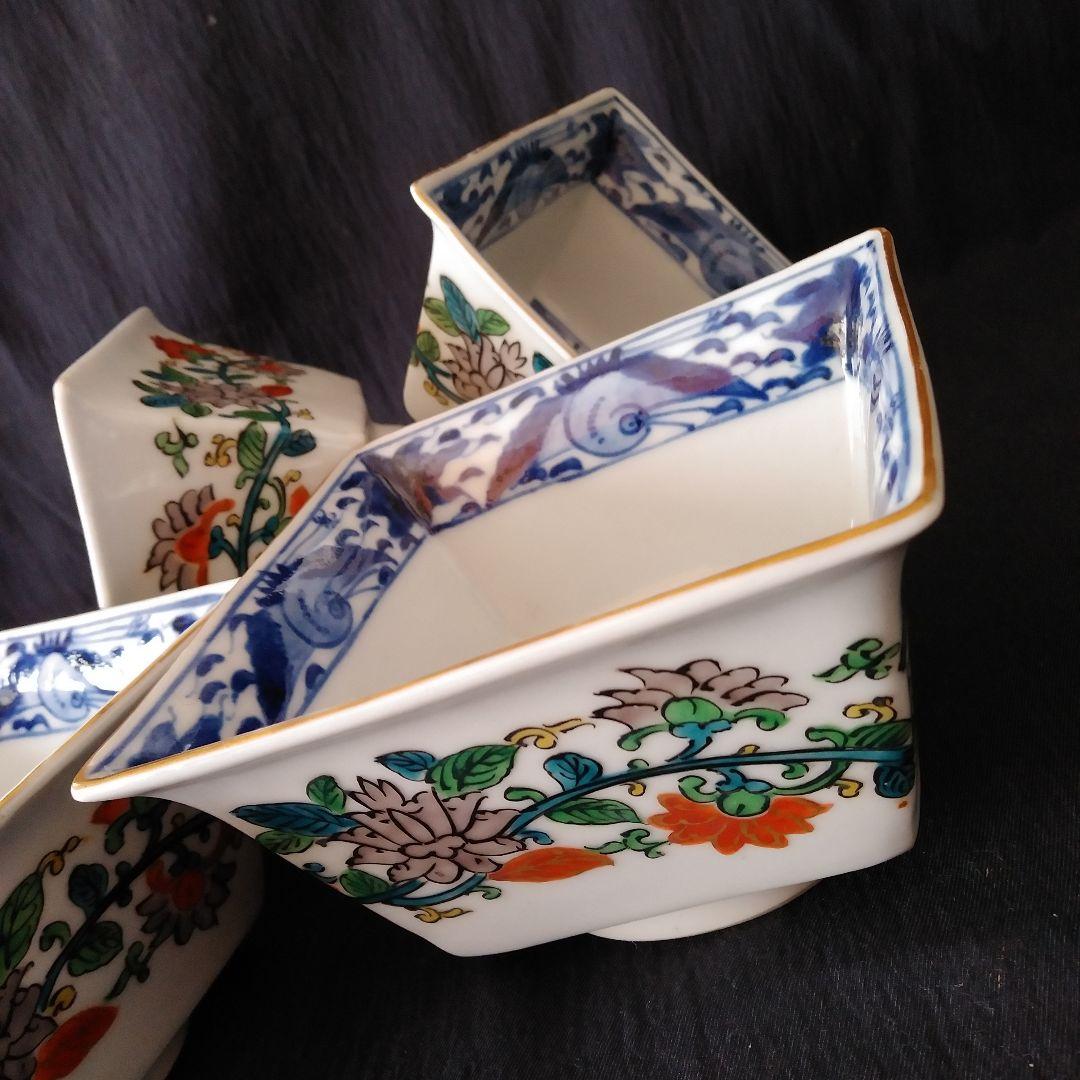 「縁反(ふちぞ)りのおしゃれ感！」古伊万里 色絵向付 4客セット 骨董アンティー