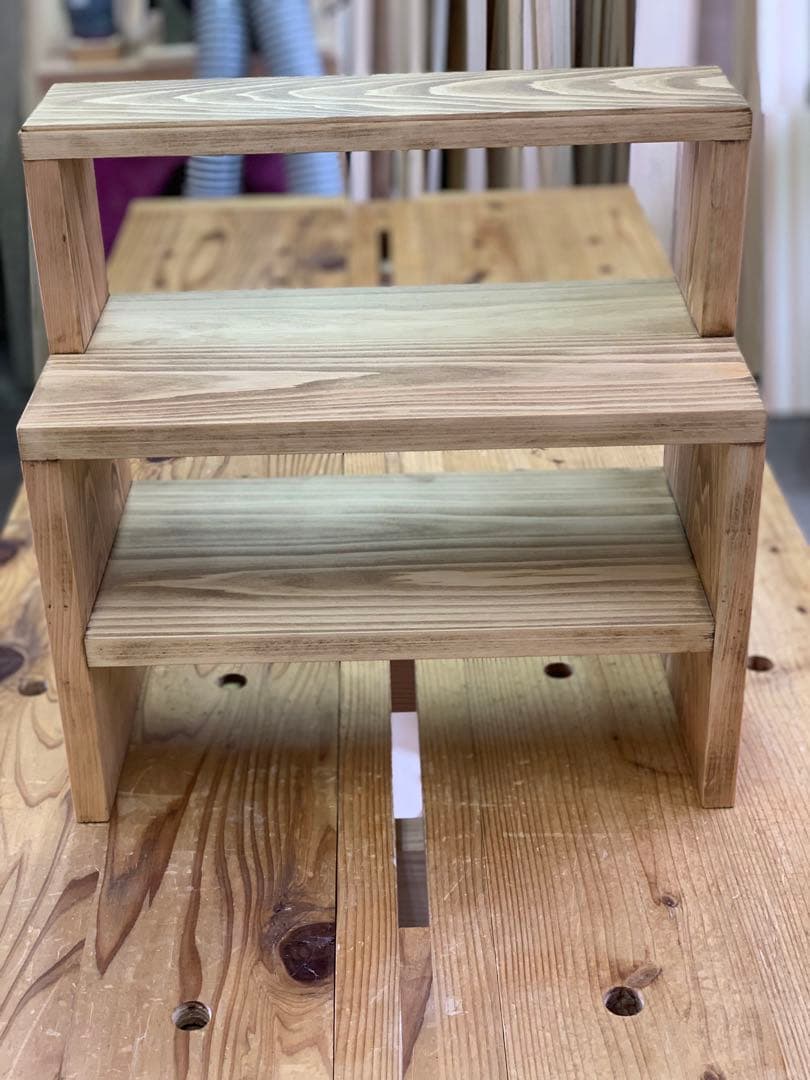 【ヒノキ無垢材】L型カフェシェルフ　アンティーク　キッチンラック