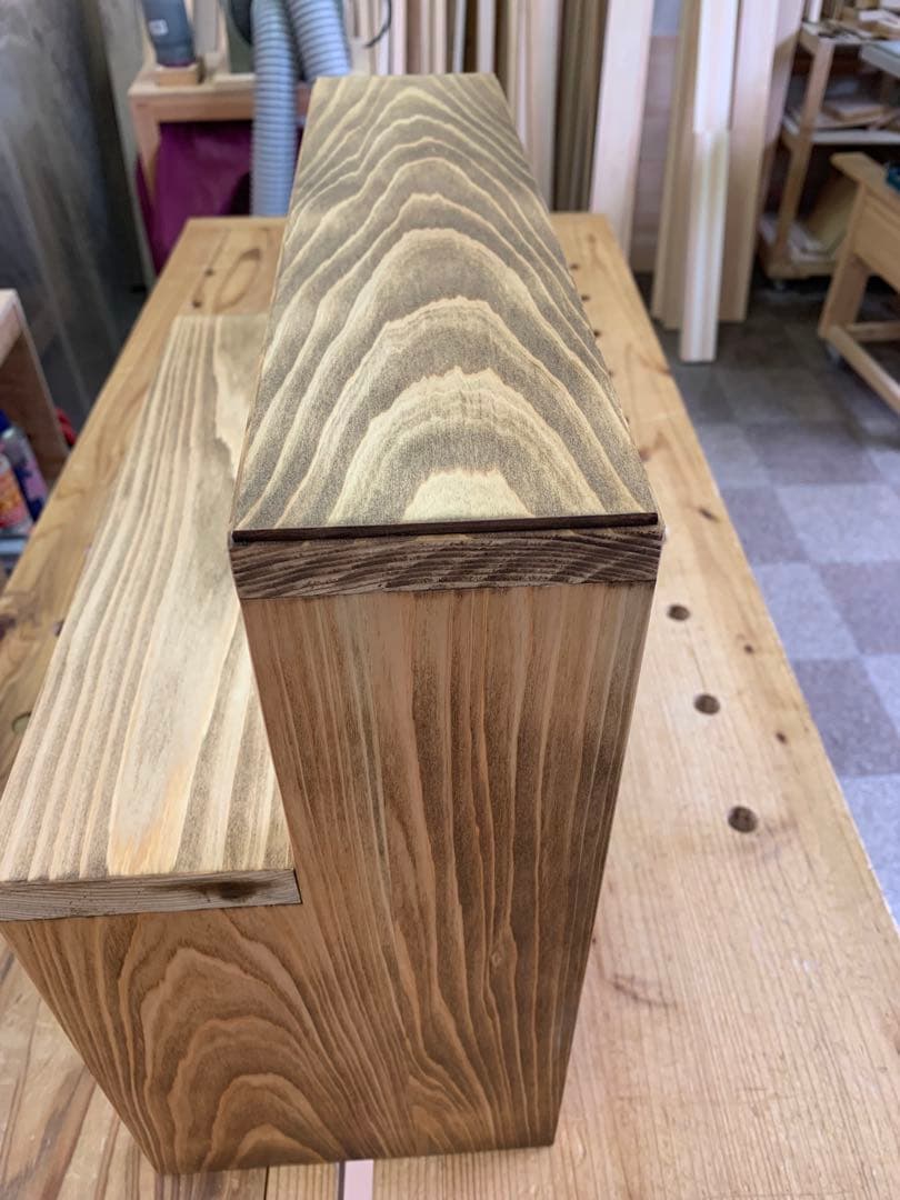 【ヒノキ無垢材】L型カフェシェルフ　アンティーク　キッチンラック