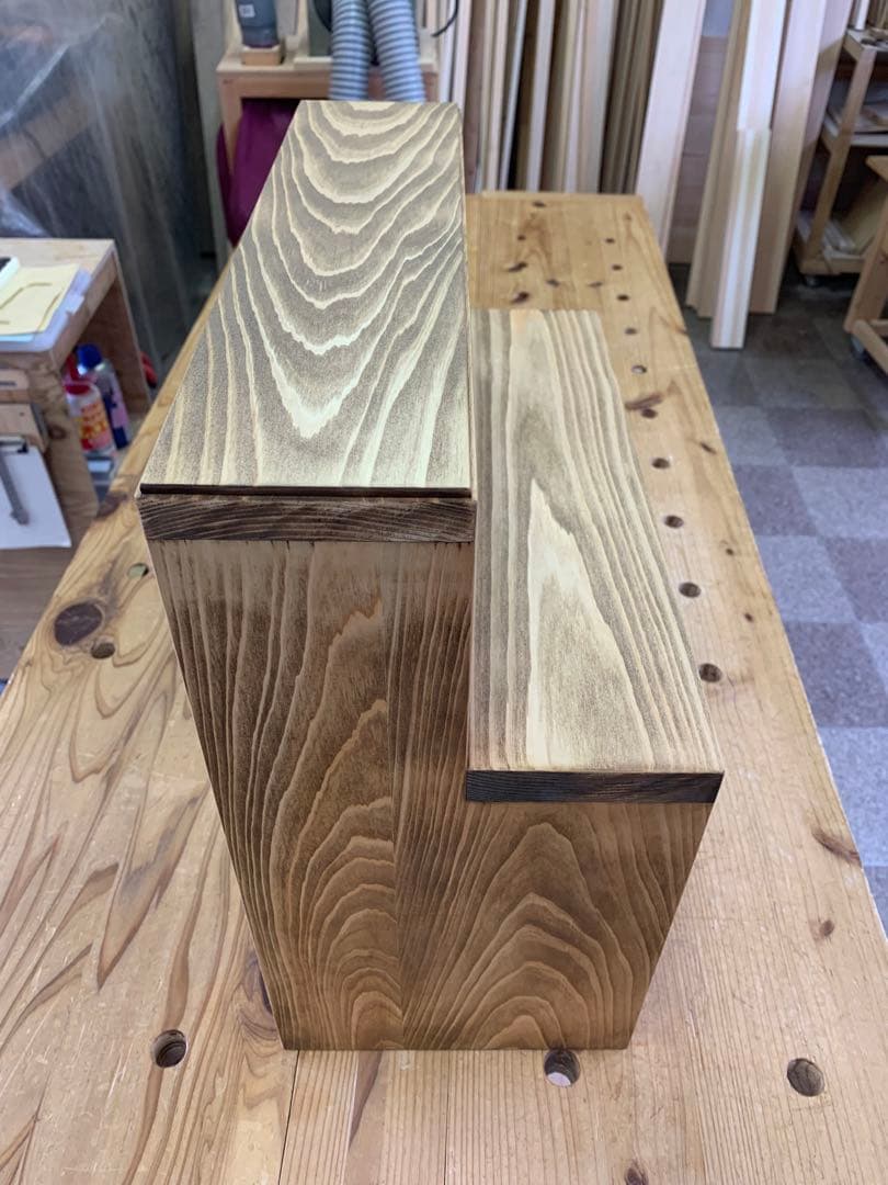 【ヒノキ無垢材】L型カフェシェルフ　アンティーク　キッチンラック