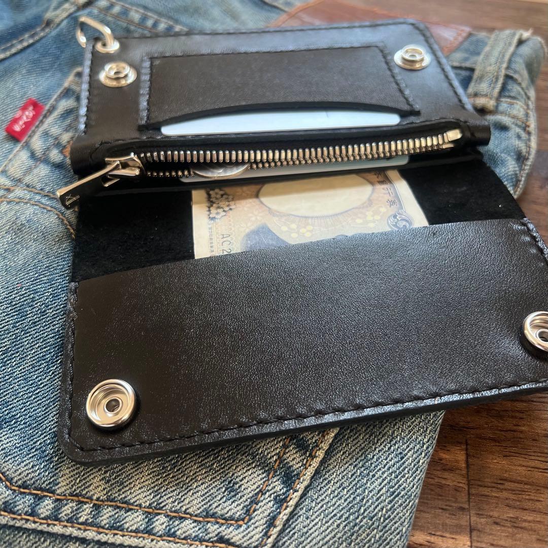 姫路レザー トラッカーウォレット ミドル 黒 クロコ型押し 『紙幣折ら