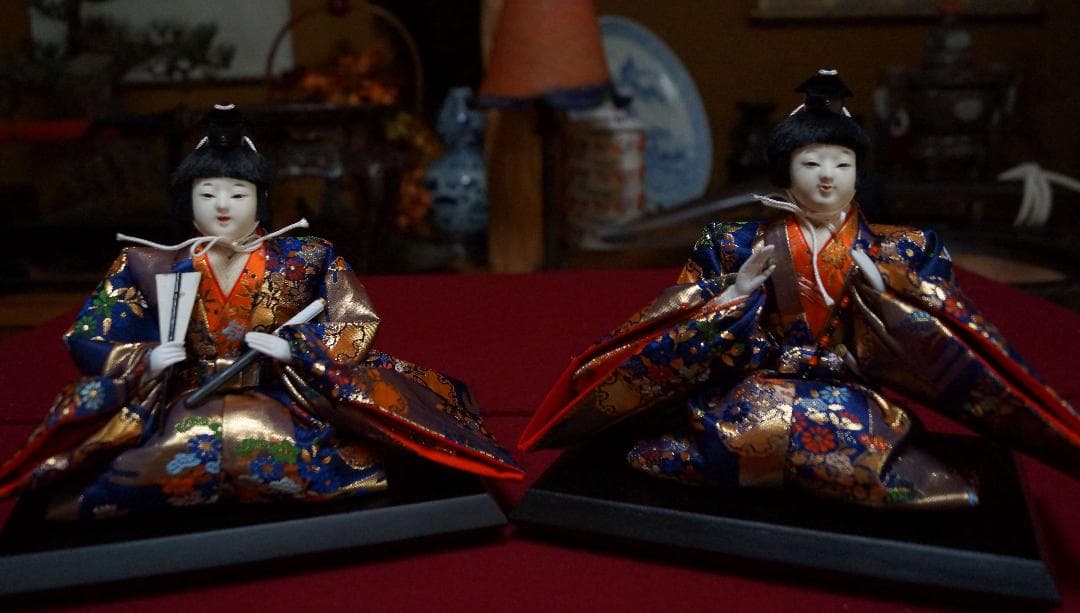 雛人形 正絹金襴 手造り木製頭 官女/随身/仕丁/五人ばやし 木製共箱