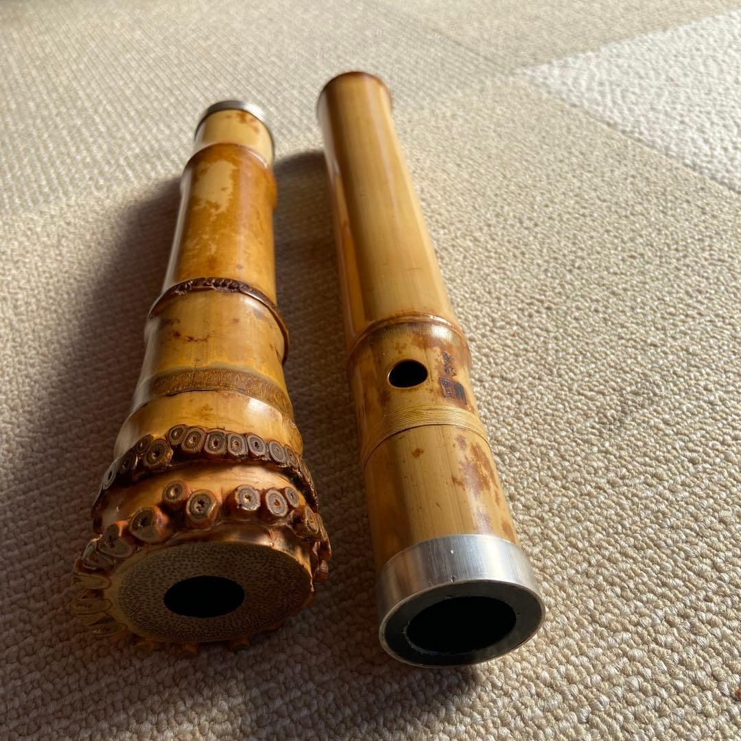 186 尺八　一尺八寸管　玉水銘　歌口金巻き　中継ぎ銀巻き　名管