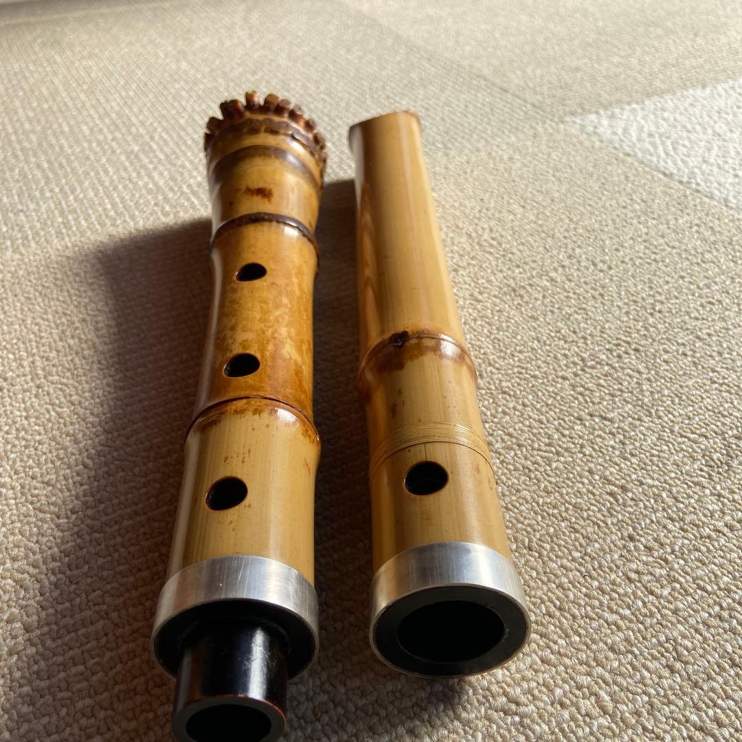 186 尺八　一尺八寸管　玉水銘　歌口金巻き　中継ぎ銀巻き　名管
