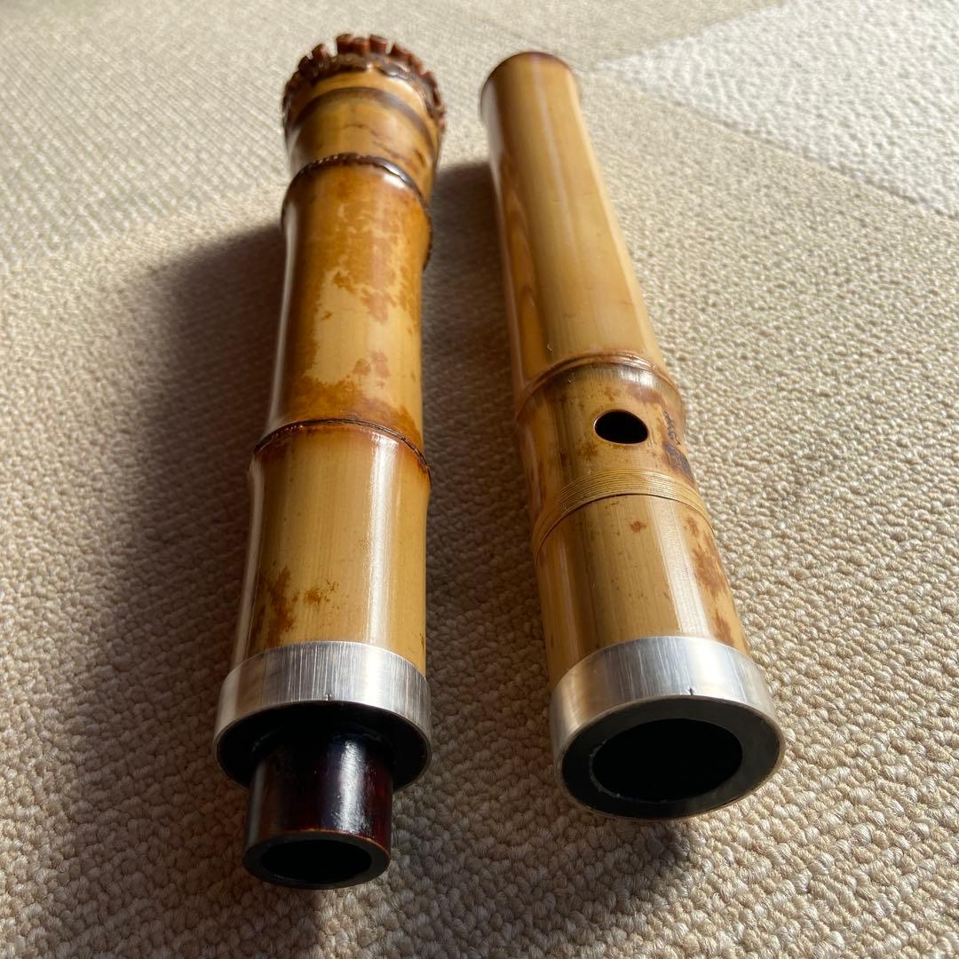 186 尺八　一尺八寸管　玉水銘　歌口金巻き　中継ぎ銀巻き　名管