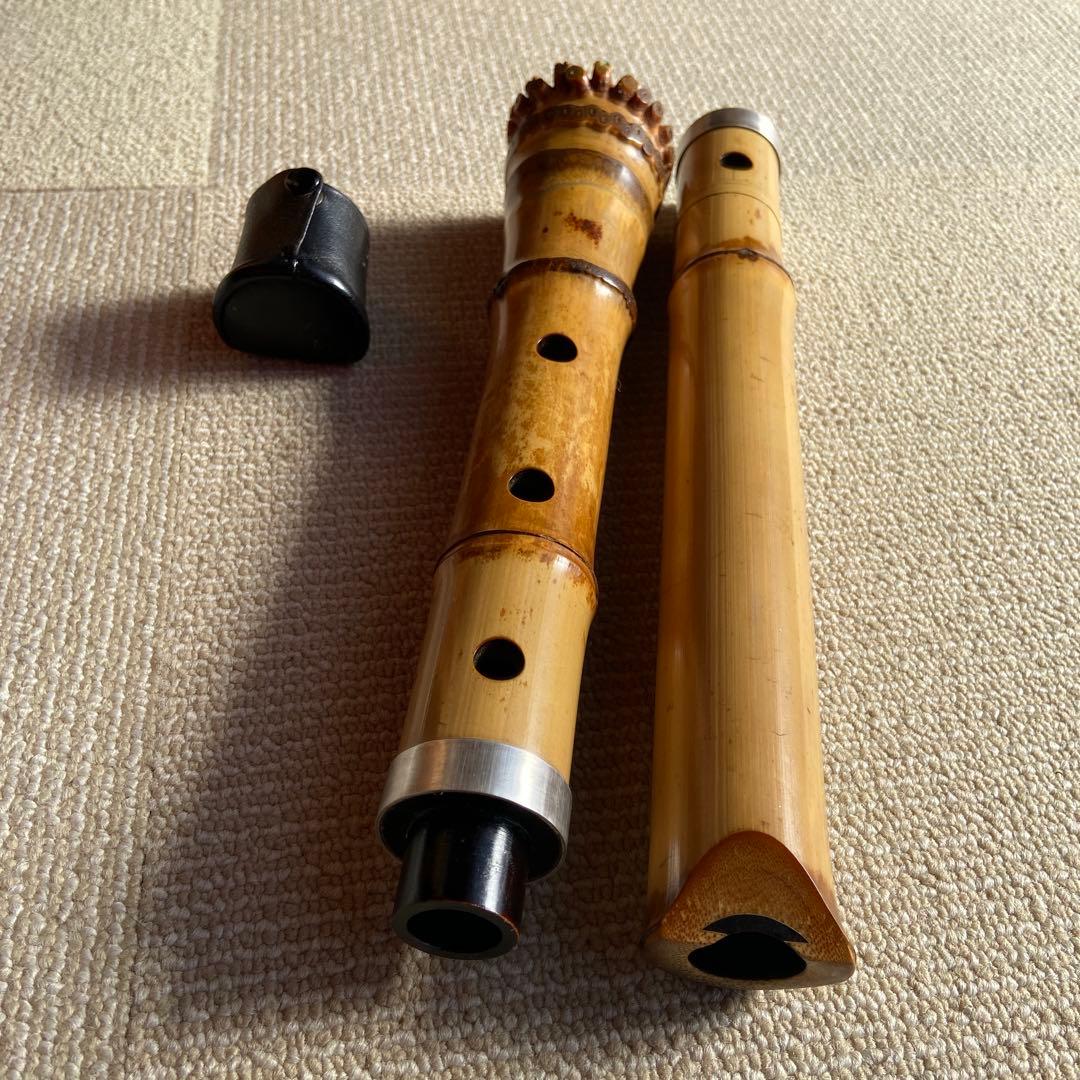 186 尺八　一尺八寸管　玉水銘　歌口金巻き　中継ぎ銀巻き　名管