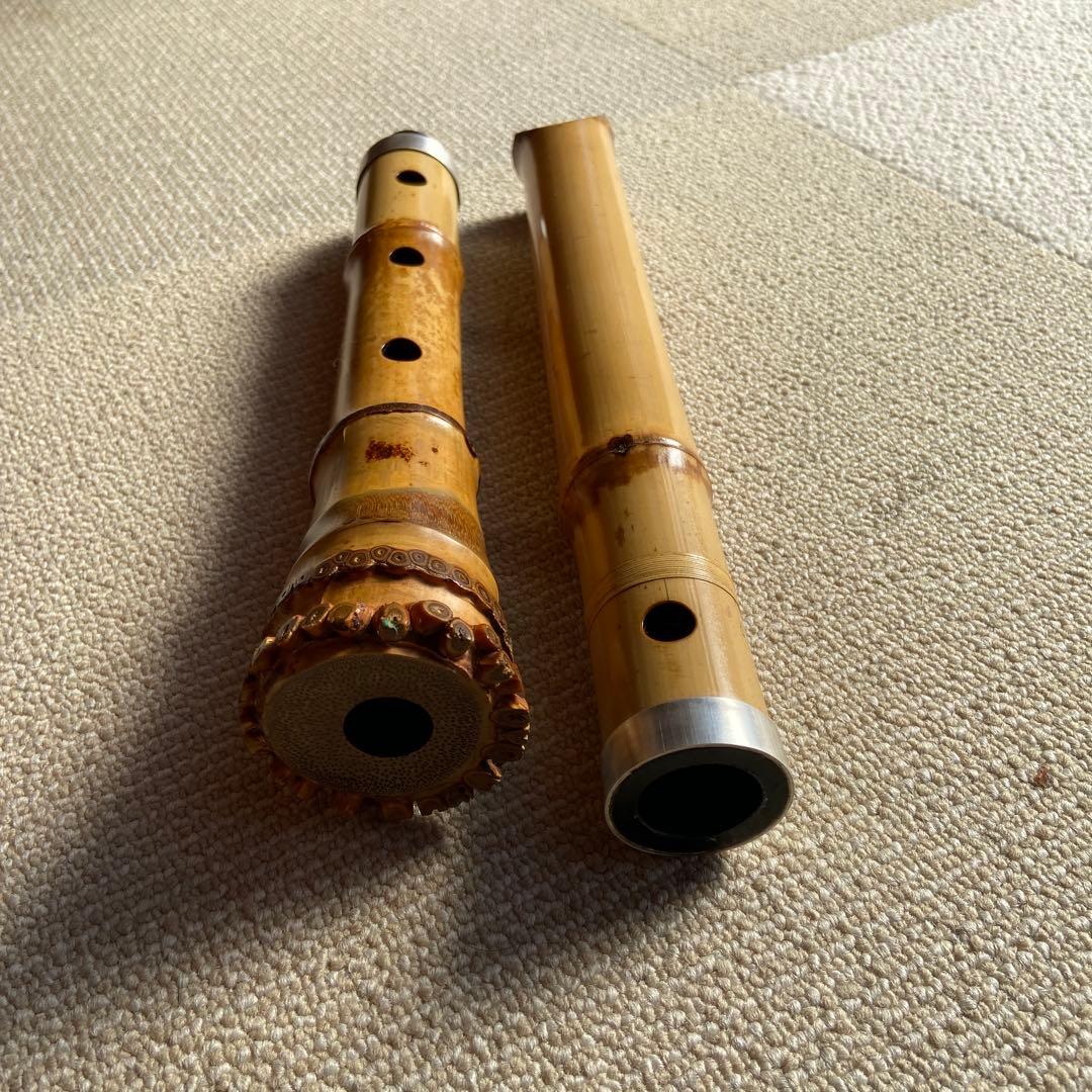 186 尺八　一尺八寸管　玉水銘　歌口金巻き　中継ぎ銀巻き　名管
