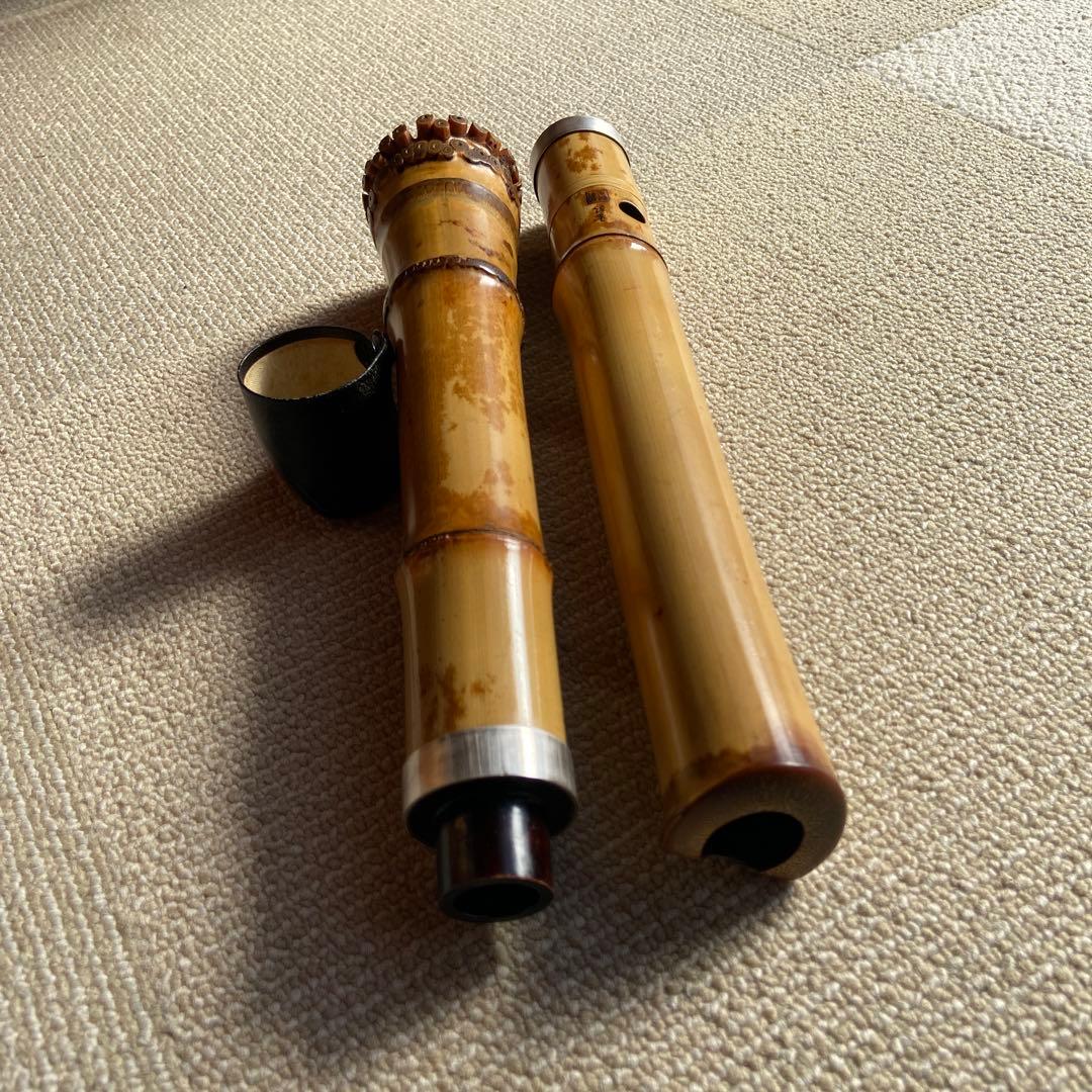 186 尺八　一尺八寸管　玉水銘　歌口金巻き　中継ぎ銀巻き　名管