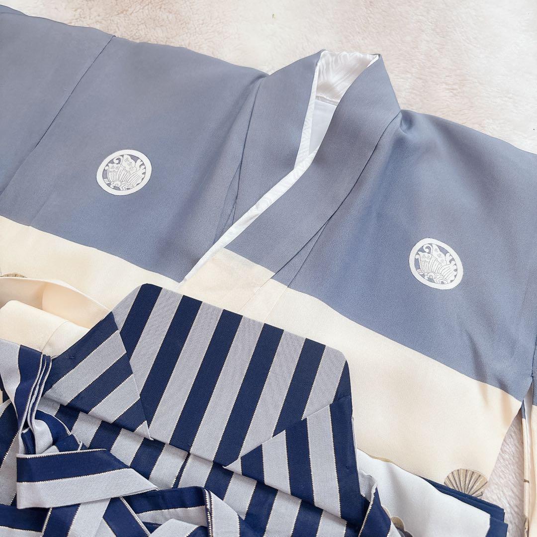 七五三　５歳　男の子　男児　正絹着物　袴　セット　子供着物　青　紺　雪駄　角帯