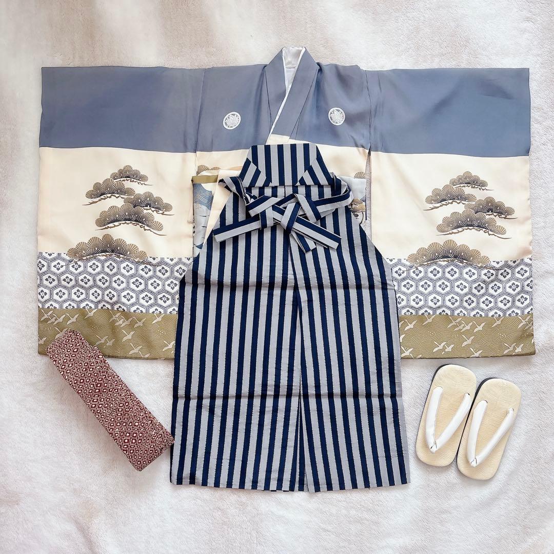 七五三　５歳　男の子　男児　正絹着物　袴　セット　子供着物　青　紺　雪駄　角帯