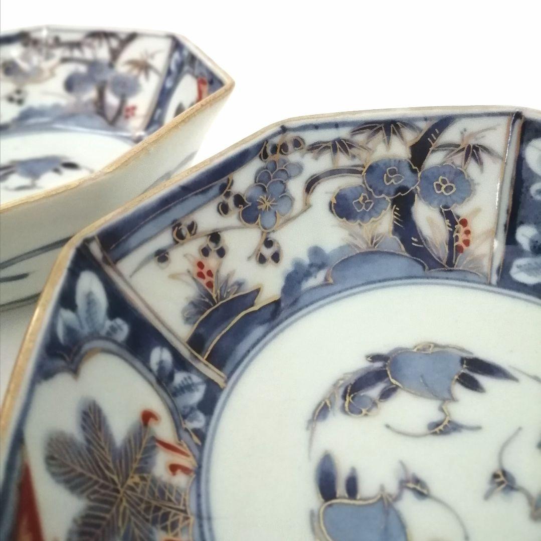 古伊万里 角福 色絵 若松 松竹梅に桃図 八角 なます皿 2客