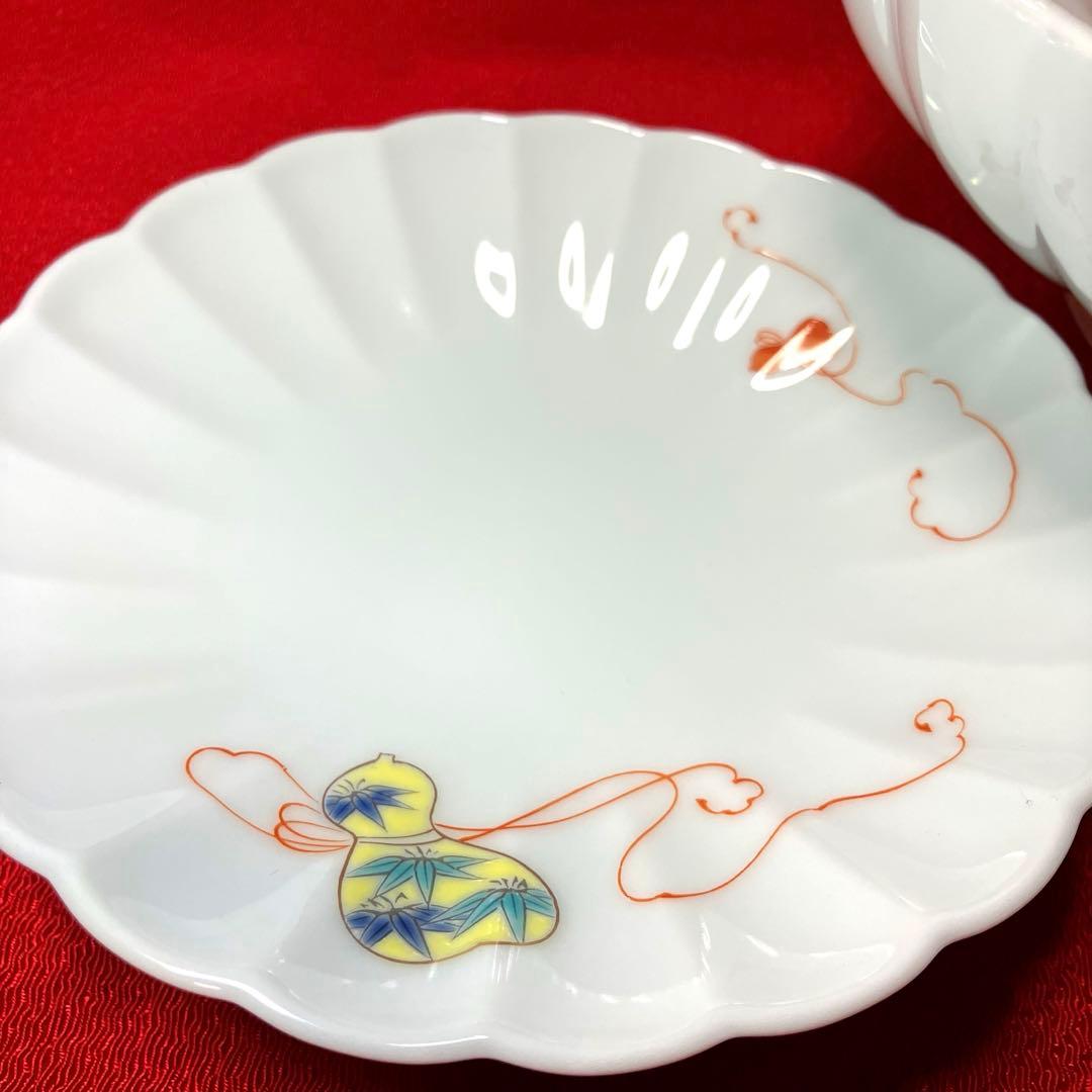 深川製磁 花ひょうたん菊割鉢と六瓢松竹梅銘々皿のセット 4点セット